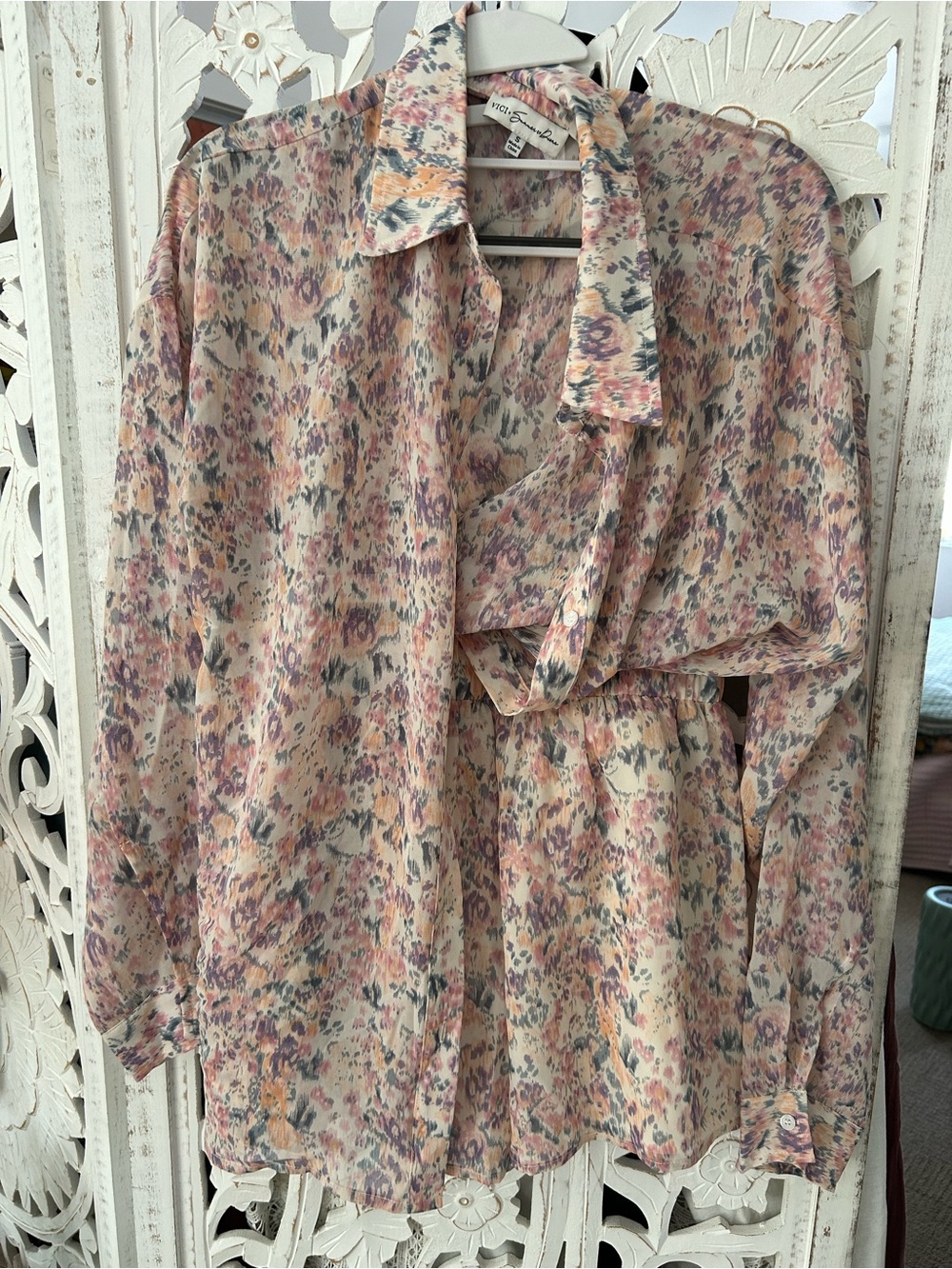 Vici Floral Sheer Coverup shirt & shorts SET- Cream Pink & Peach floral print